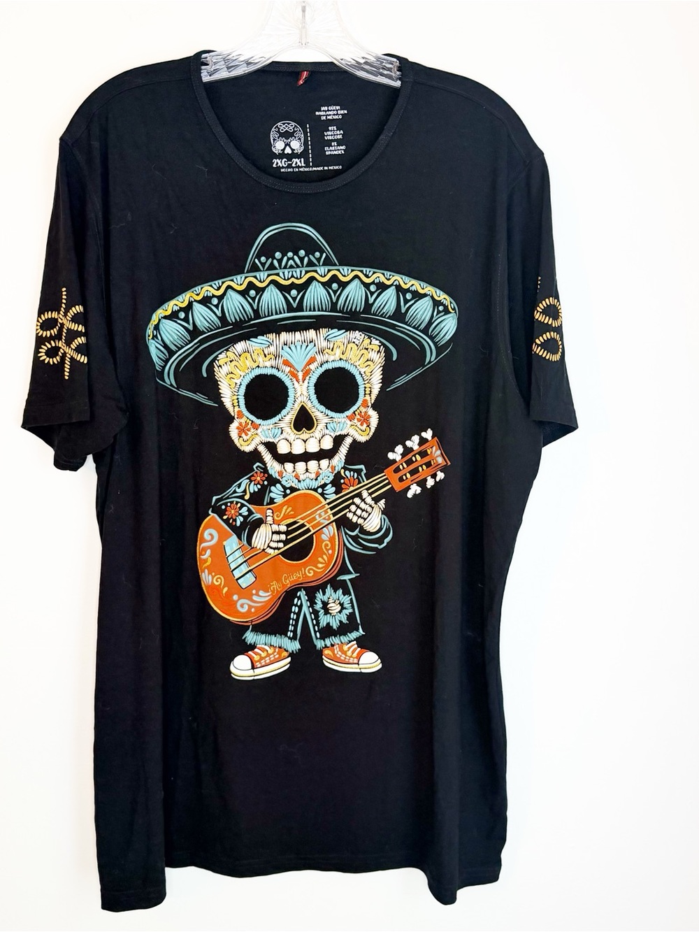 Men's Black Graphic Skull Guitar Tee - Day of the Dead Design